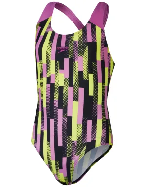 Girls Digital Allover Splashback Swimsuit - Black/Pink/Lemon