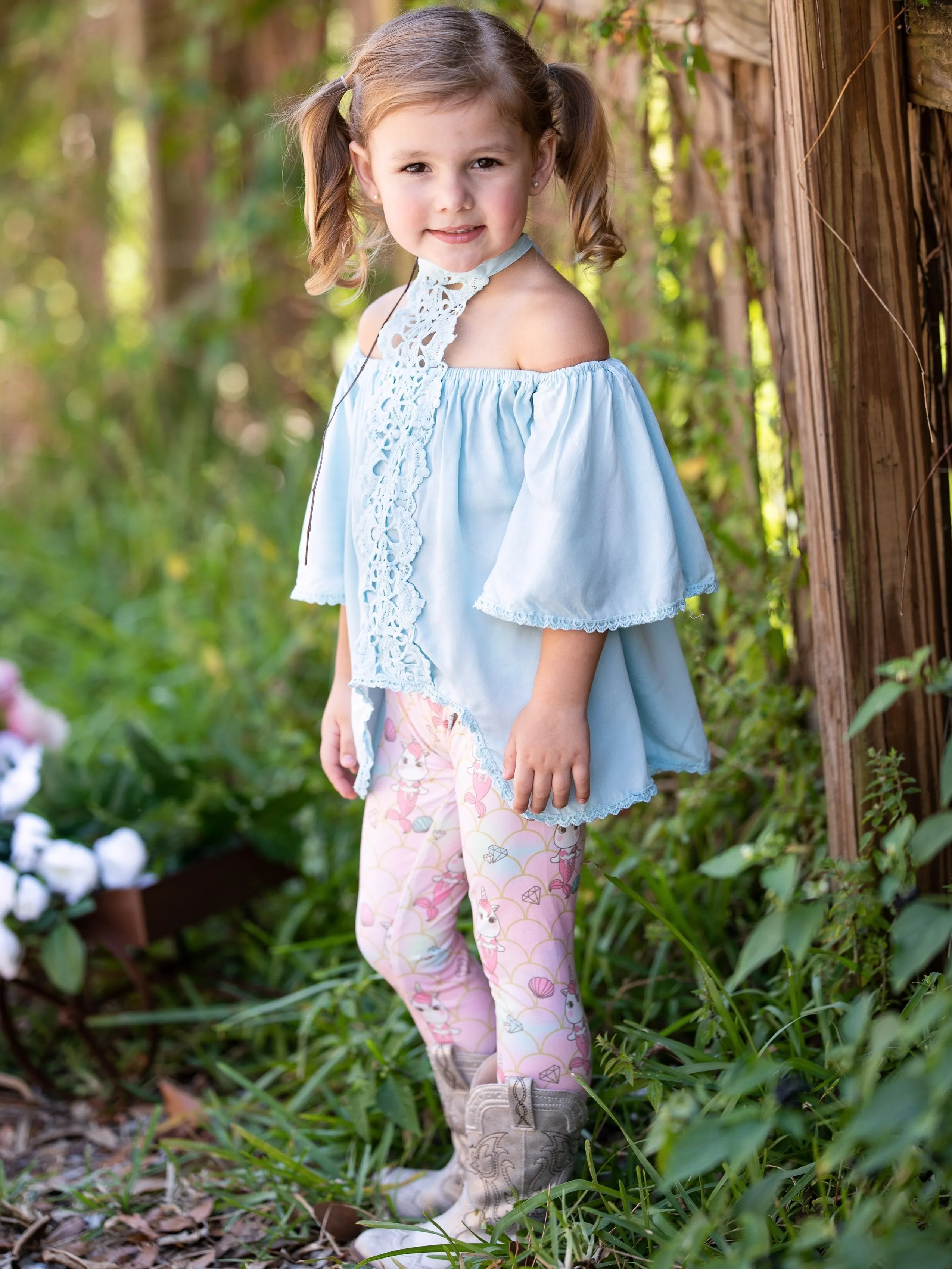 Girls Lace Trim Halter Neck Tie Top & Printed Leggings Set