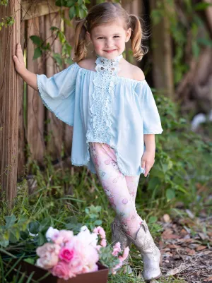 Girls Lace Trim Halter Neck Tie Top & Printed Leggings Set