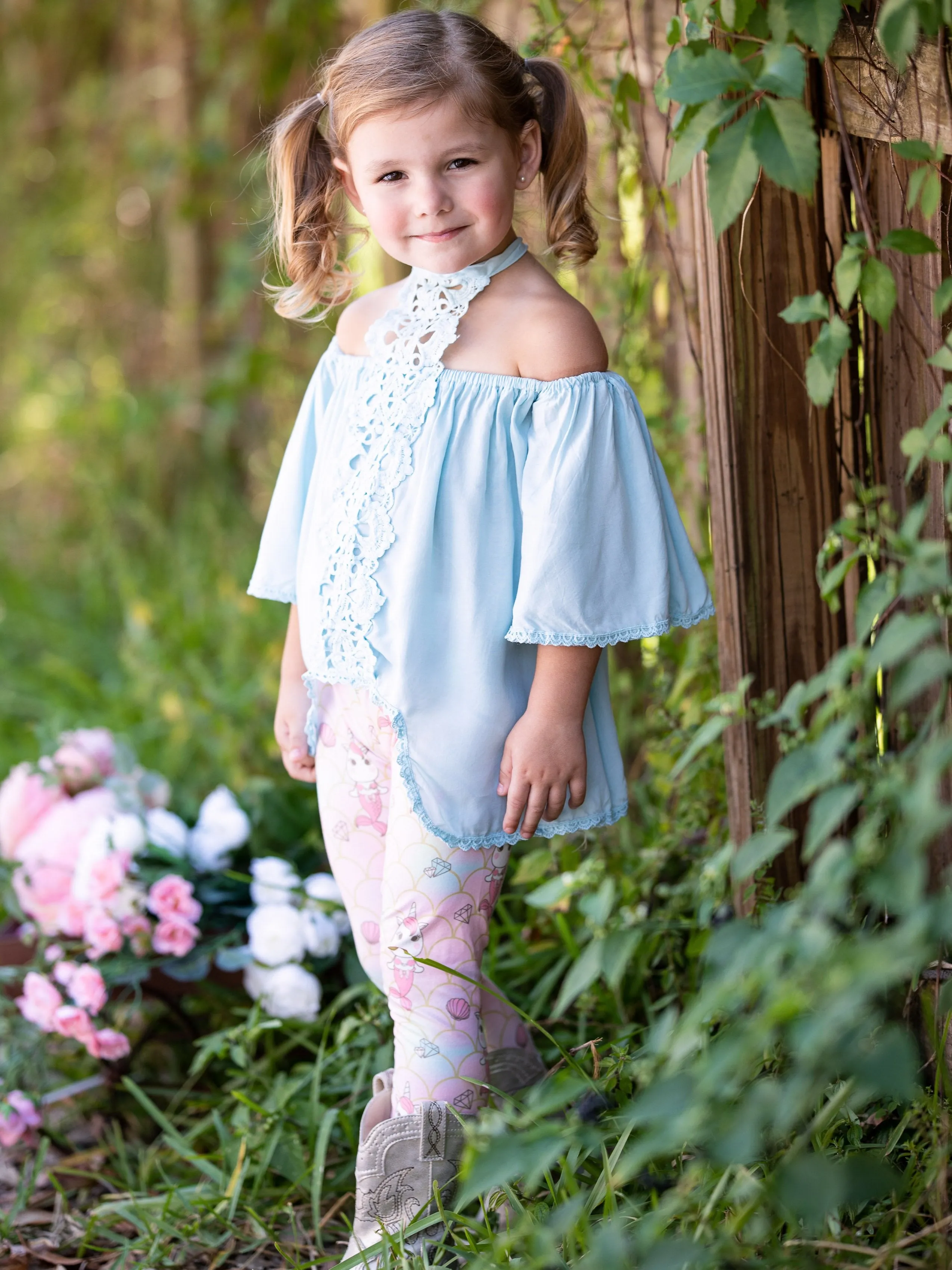 Girls Lace Trim Halter Neck Tie Top & Printed Leggings Set
