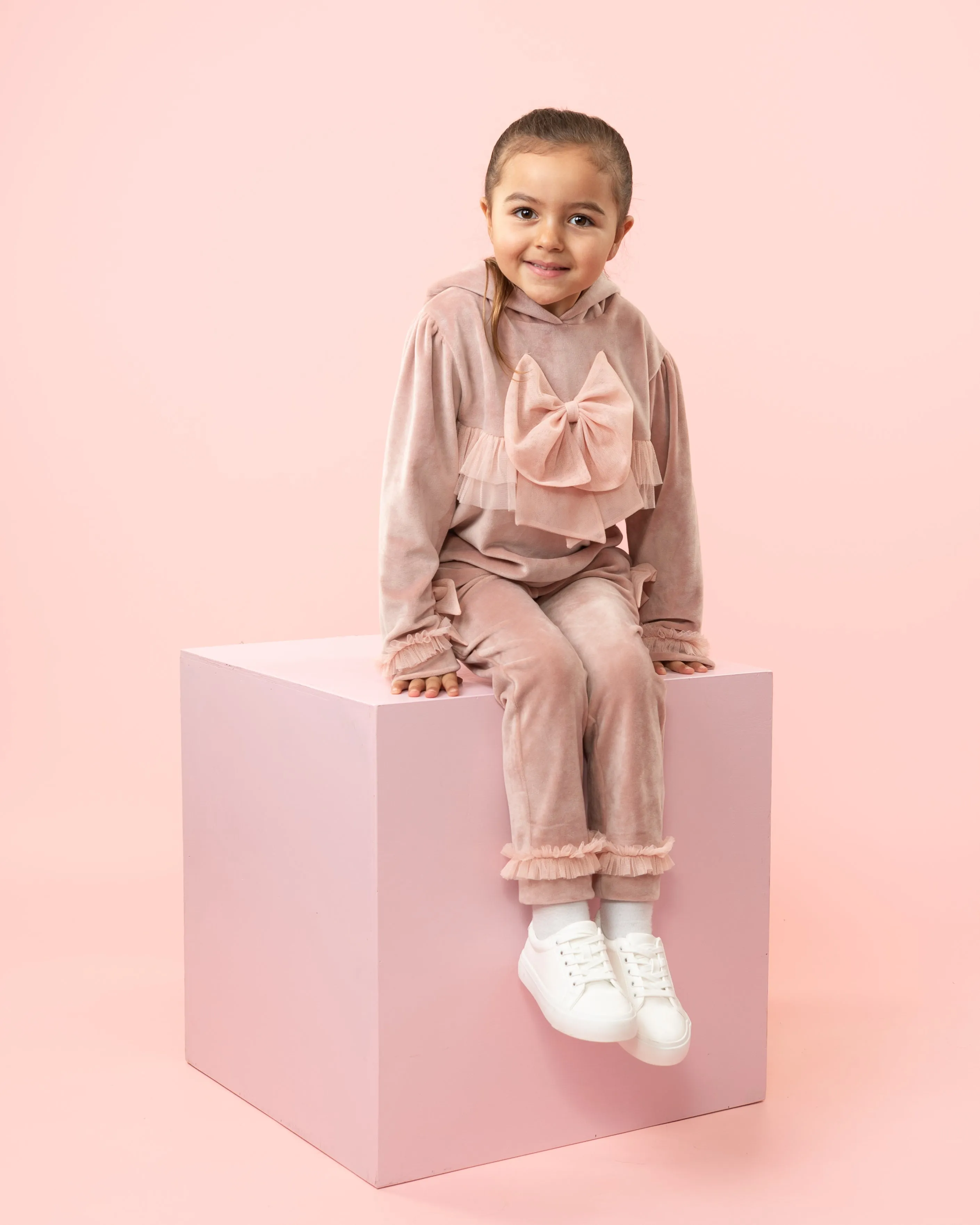 Girls Pink Velour Tracksuit with Tulle Bow