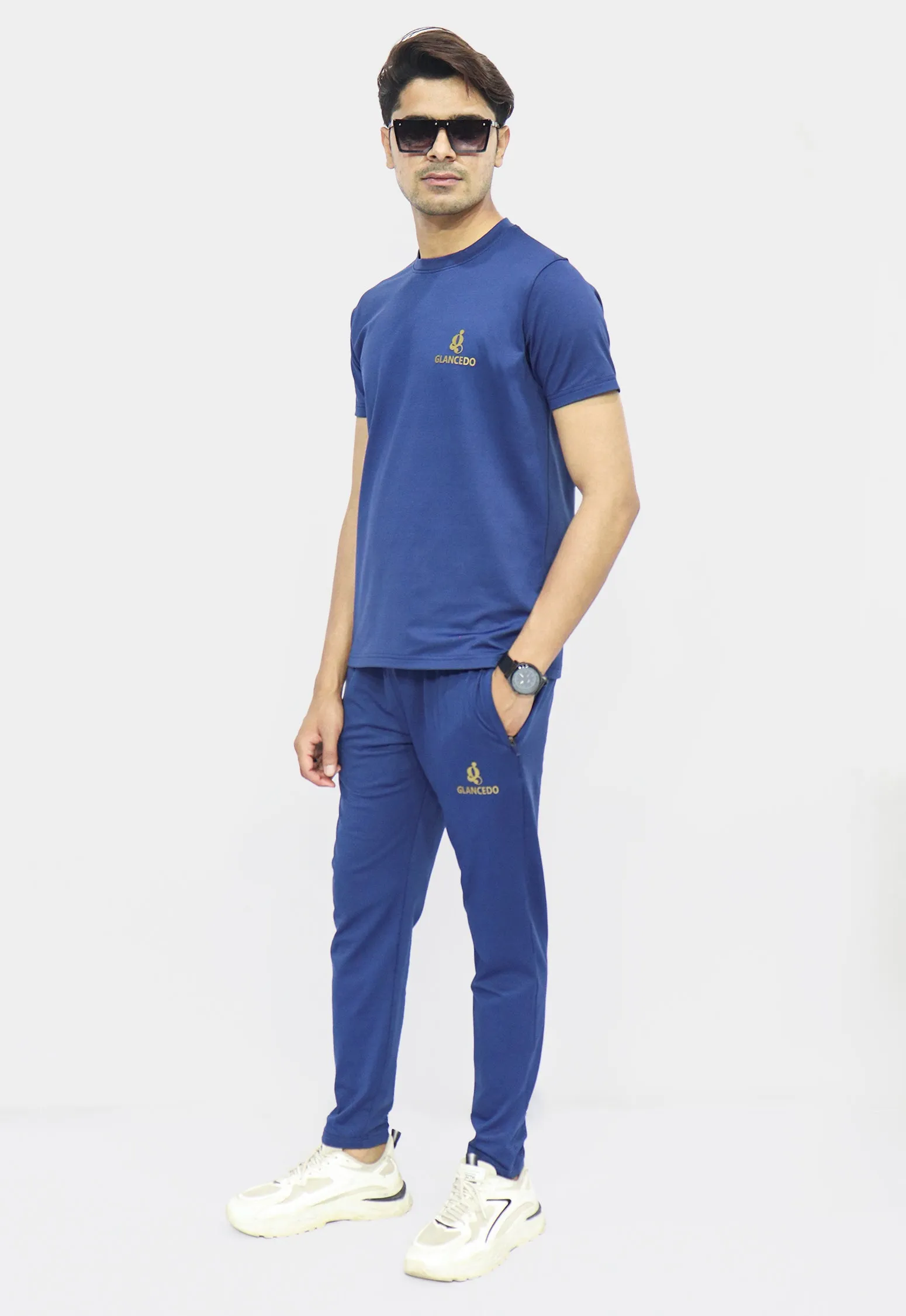 Glancedo Mens Embosed Logo Plain Tracksuit Blue