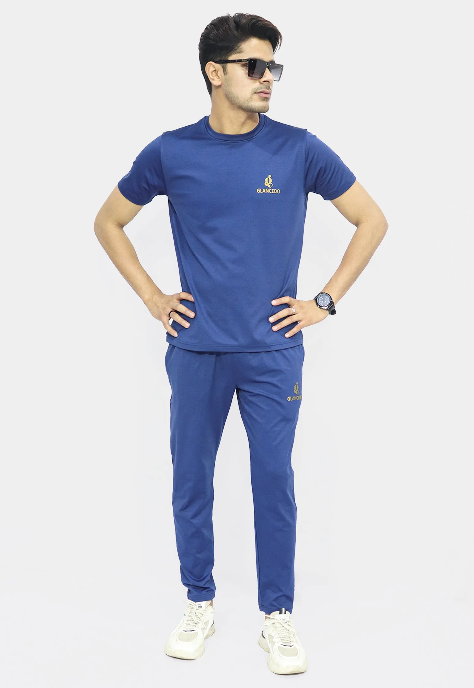 Glancedo Mens Embosed Logo Plain Tracksuit Blue