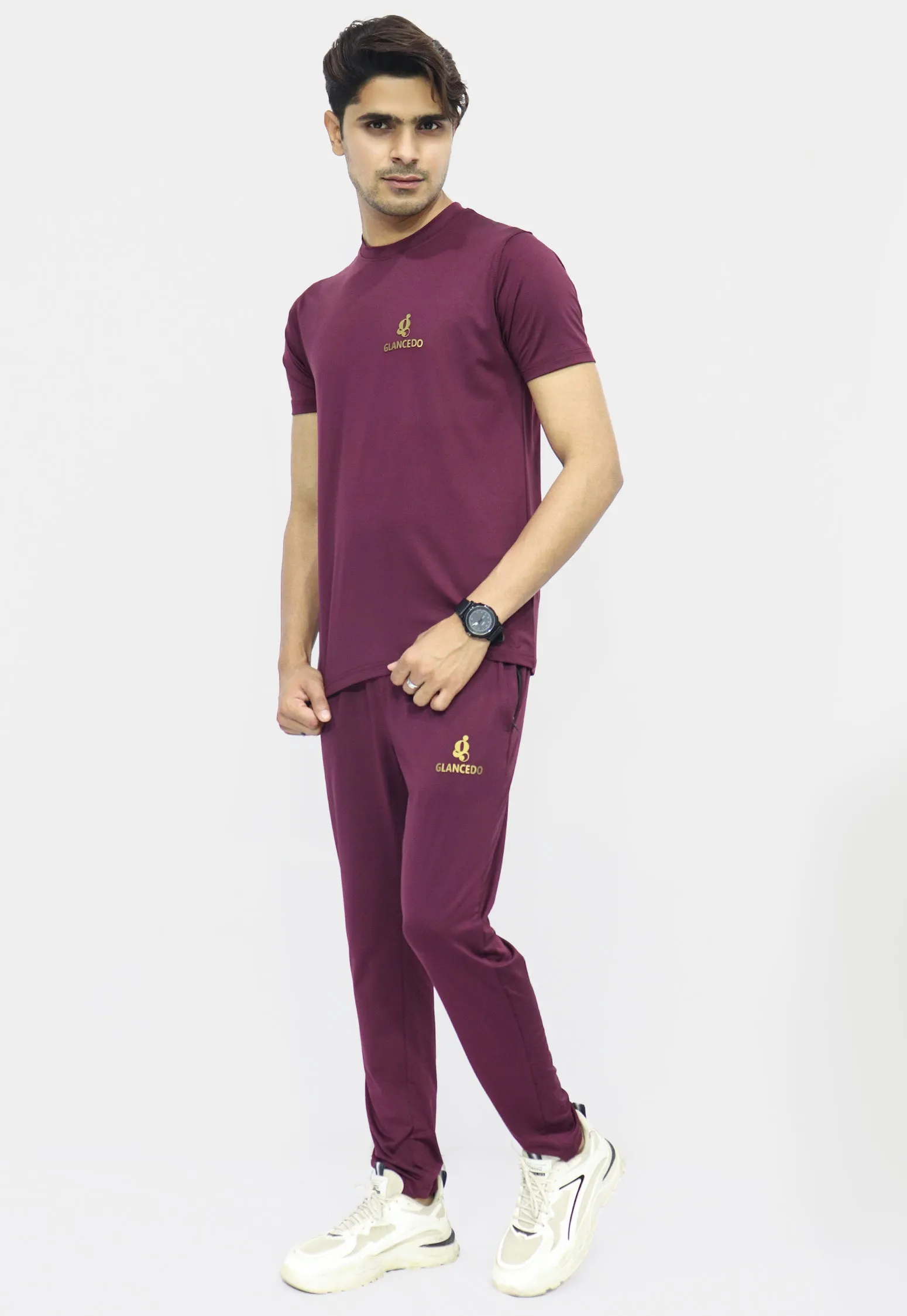 Glancedo Mens Embosed Logo Plain Tracksuit Maroon