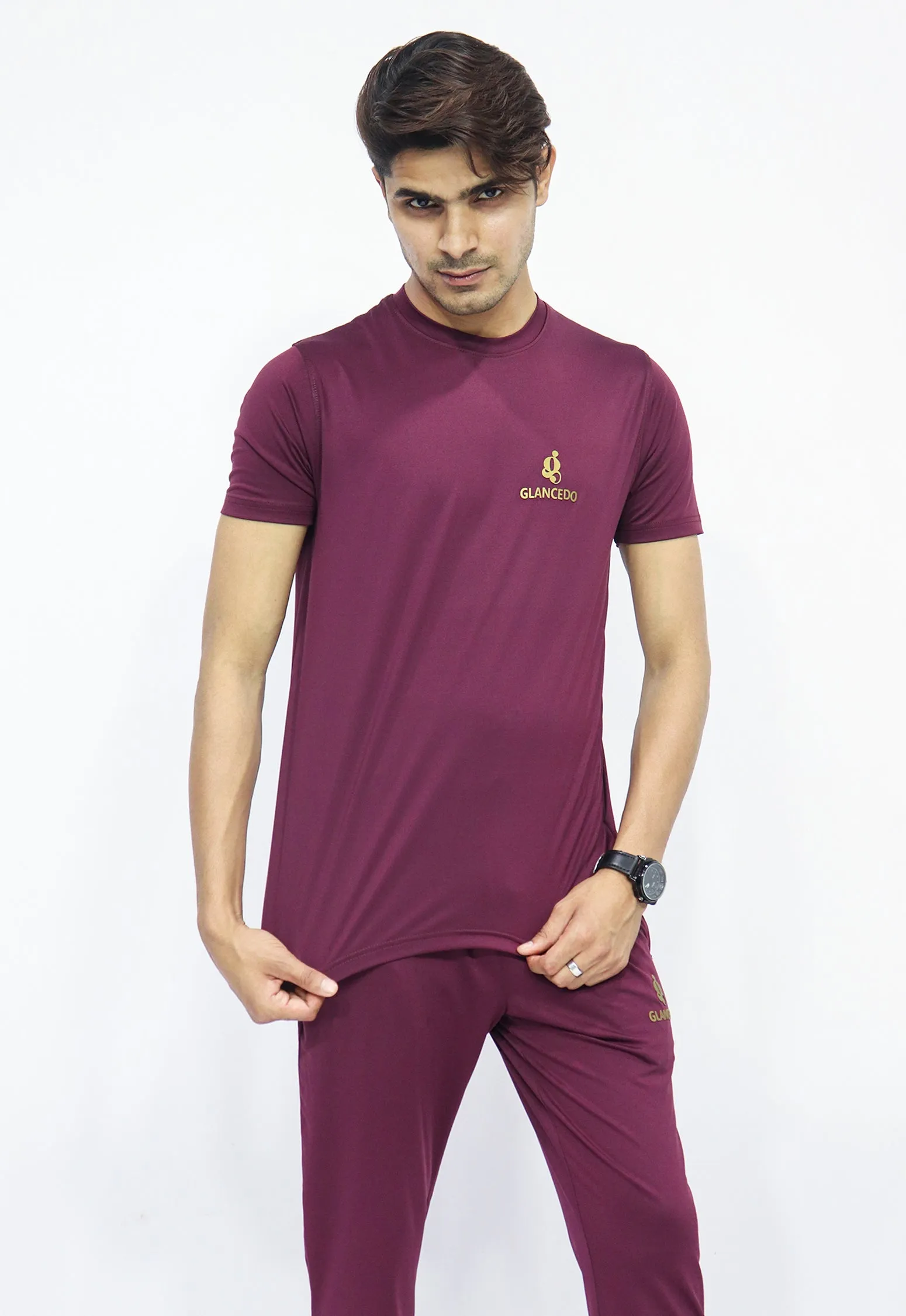 Glancedo Mens Embosed Logo Plain Tracksuit Maroon