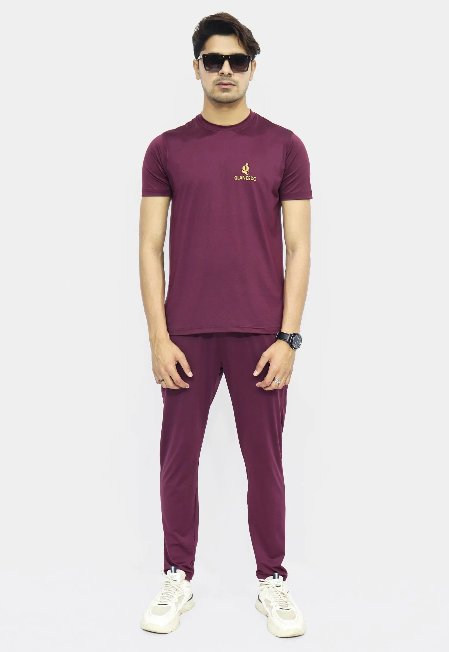 Glancedo Mens Embosed Logo Plain Tracksuit Maroon