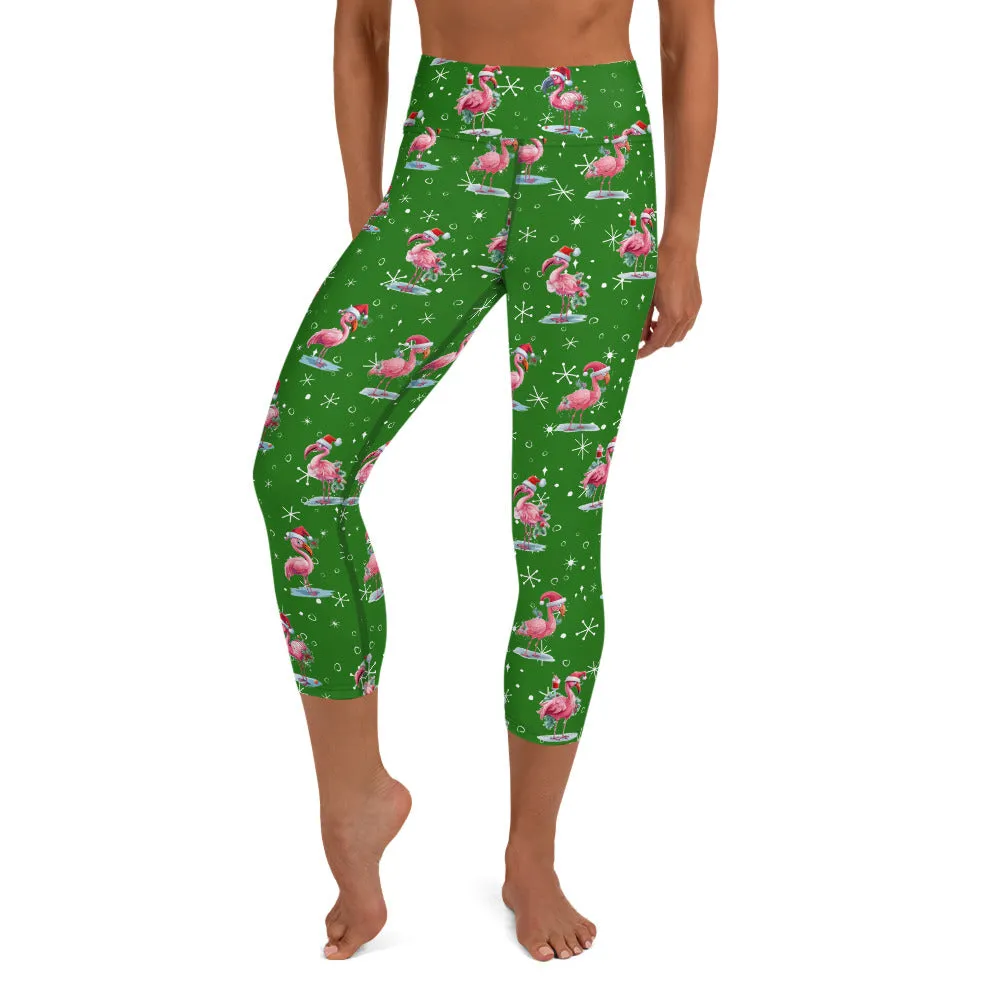 Goofy Christmas Flamingos High-waist Yoga Capri Leggings