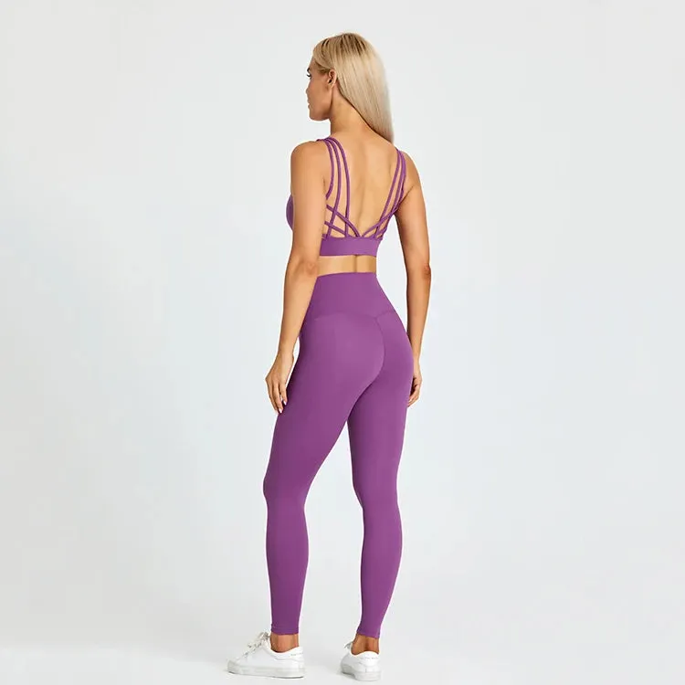 High Waist Yoga Leggings and Strappy Sports Bra Set for Women - 2 Piece Sport Suit