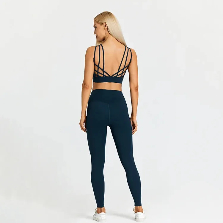 High Waist Yoga Leggings and Strappy Sports Bra Set for Women - 2 Piece Sport Suit