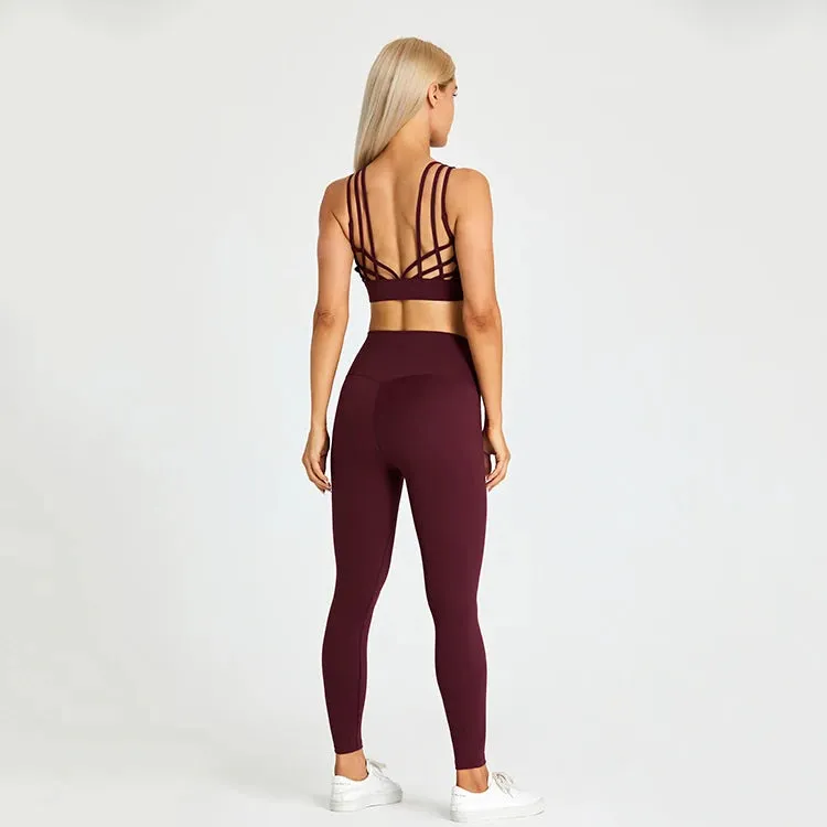 High Waist Yoga Leggings and Strappy Sports Bra Set for Women - 2 Piece Sport Suit