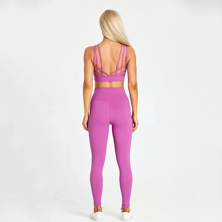 High Waist Yoga Leggings and Strappy Sports Bra Set for Women - 2 Piece Sport Suit