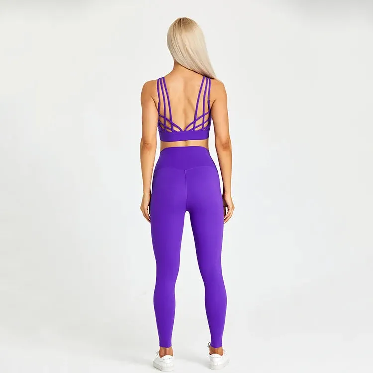 High Waist Yoga Leggings and Strappy Sports Bra Set for Women - 2 Piece Sport Suit