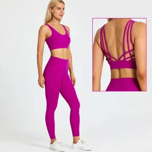 High Waist Yoga Leggings and Strappy Sports Bra Set for Women - 2 Piece Sport Suit