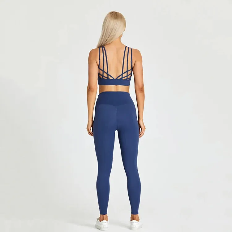 High Waist Yoga Leggings and Strappy Sports Bra Set for Women - 2 Piece Sport Suit