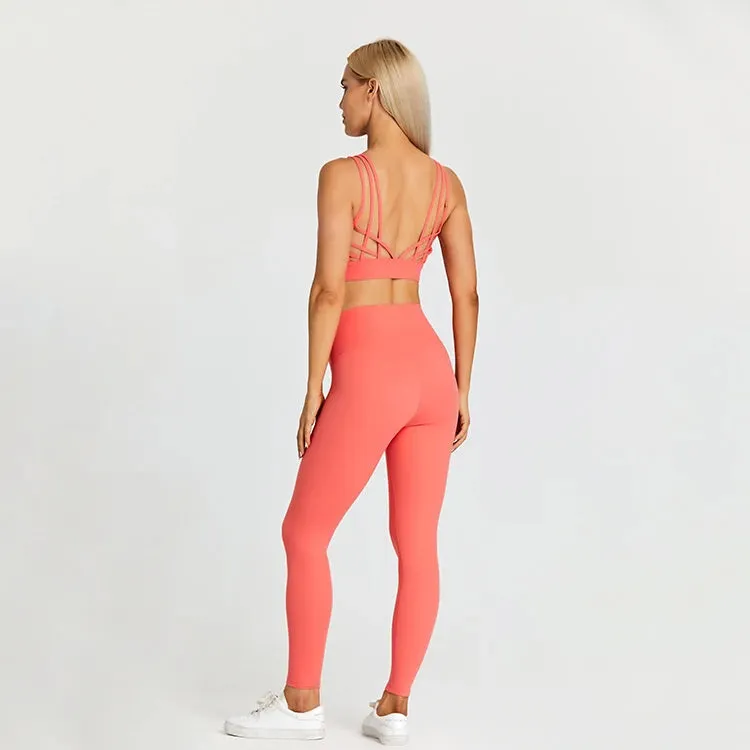 High Waist Yoga Leggings and Strappy Sports Bra Set for Women - 2 Piece Sport Suit
