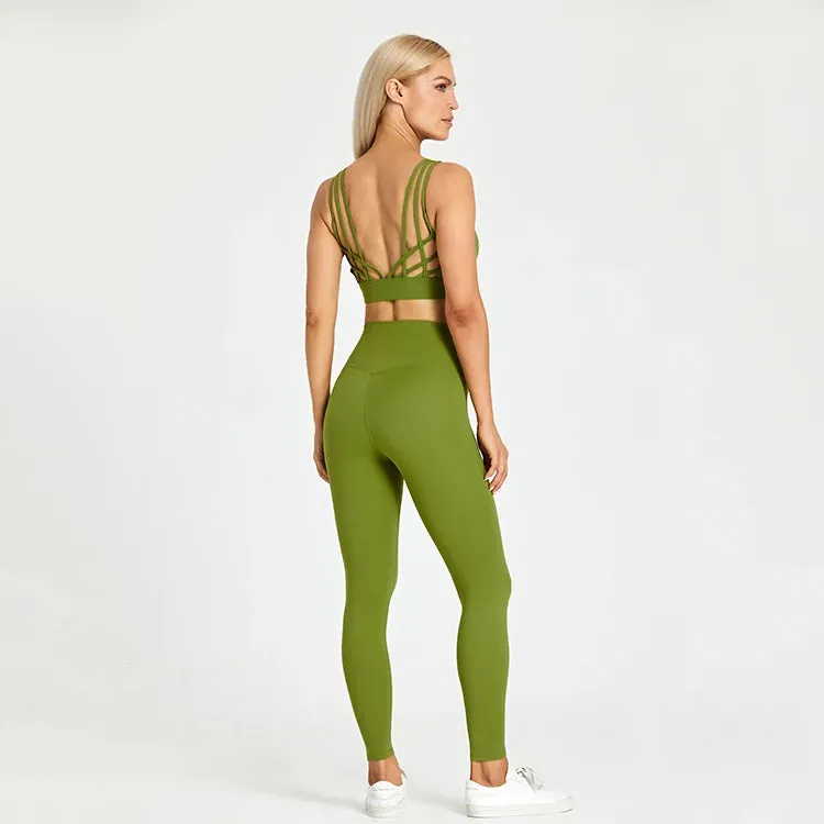 High Waist Yoga Leggings and Strappy Sports Bra Set for Women - 2 Piece Sport Suit