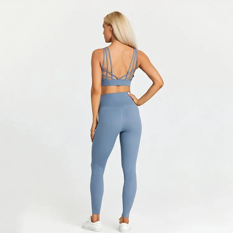 High Waist Yoga Leggings and Strappy Sports Bra Set for Women - 2 Piece Sport Suit