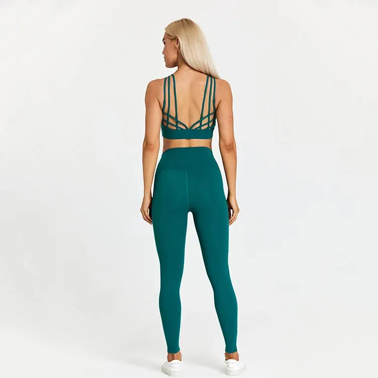 High Waist Yoga Leggings and Strappy Sports Bra Set for Women - 2 Piece Sport Suit