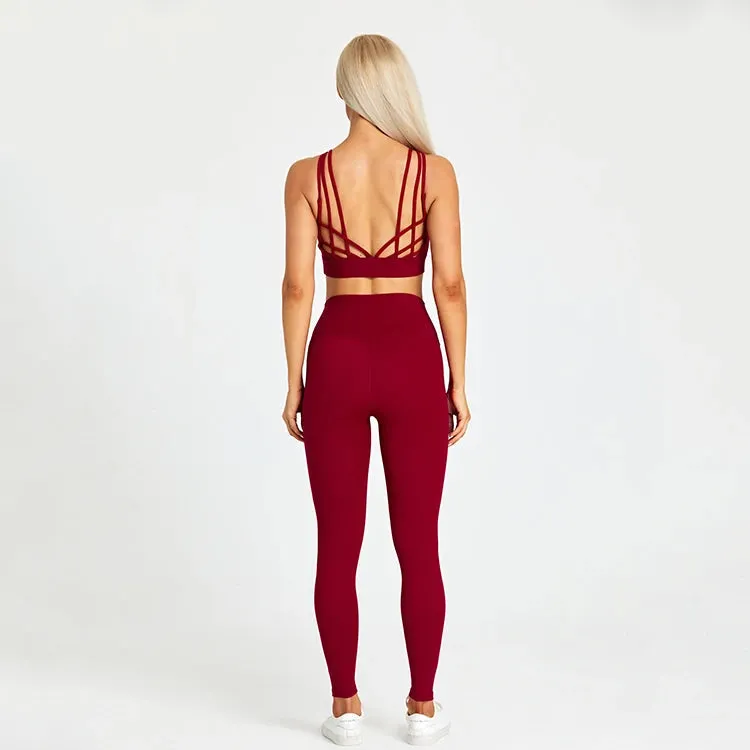 High Waist Yoga Leggings and Strappy Sports Bra Set for Women - 2 Piece Sport Suit
