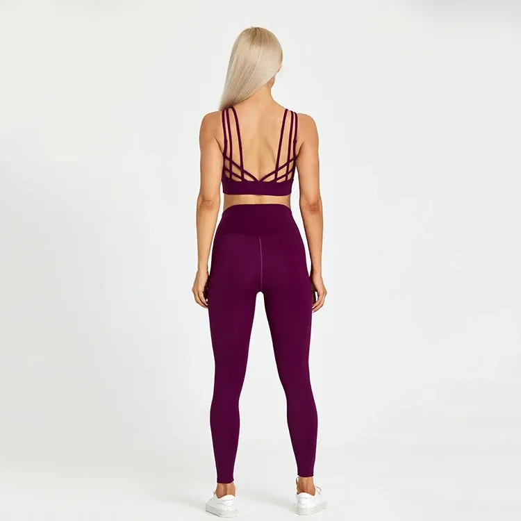 High Waist Yoga Leggings and Strappy Sports Bra Set for Women - 2 Piece Sport Suit
