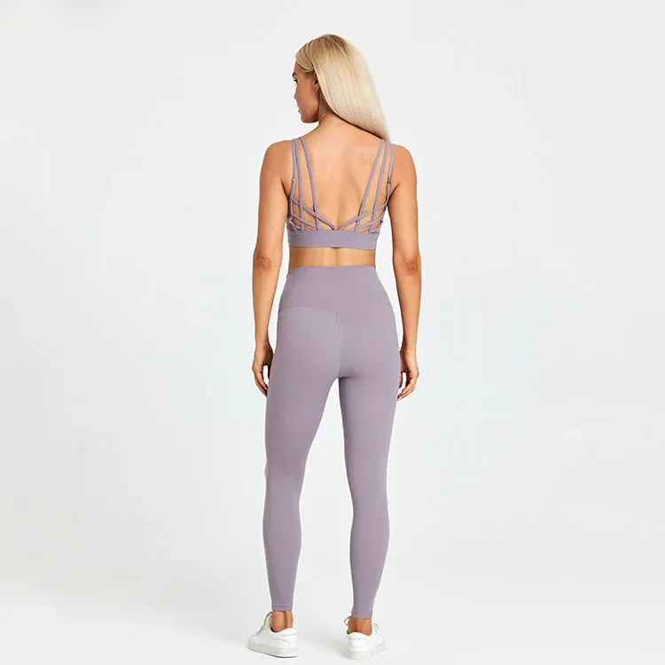 High Waist Yoga Leggings and Strappy Sports Bra Set for Women - 2 Piece Sport Suit