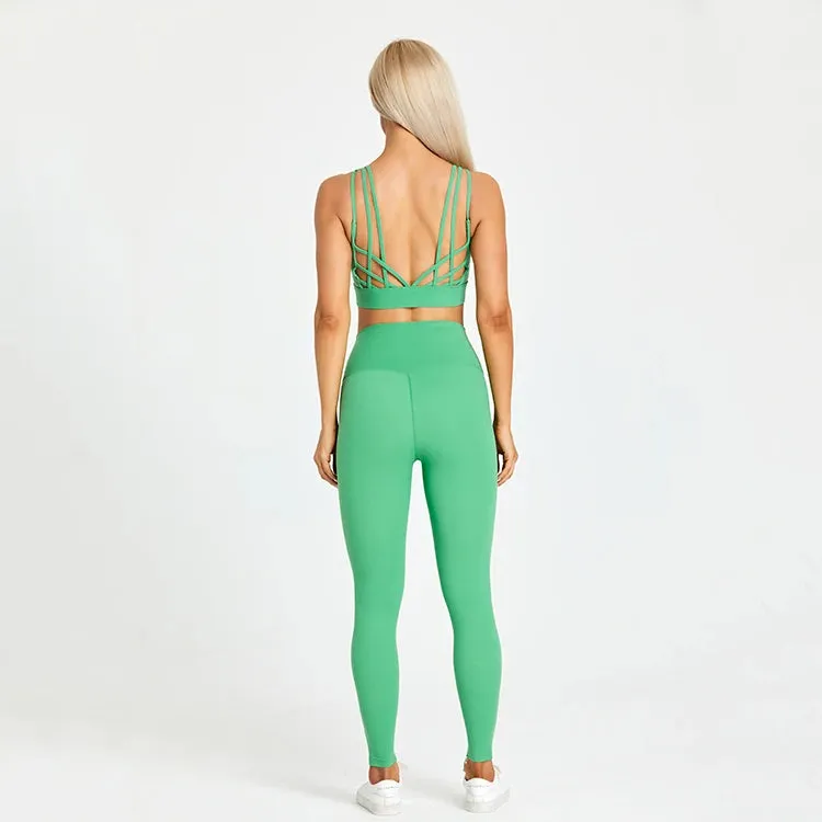 High Waist Yoga Leggings and Strappy Sports Bra Set for Women - 2 Piece Sport Suit