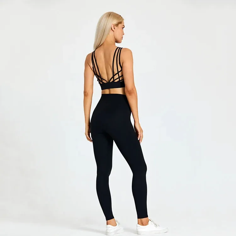 High Waist Yoga Leggings and Strappy Sports Bra Set for Women - 2 Piece Sport Suit