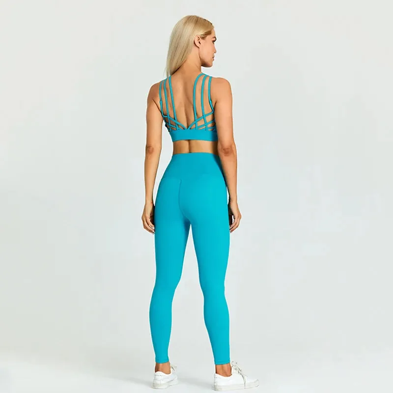 High Waist Yoga Leggings and Strappy Sports Bra Set for Women - 2 Piece Sport Suit