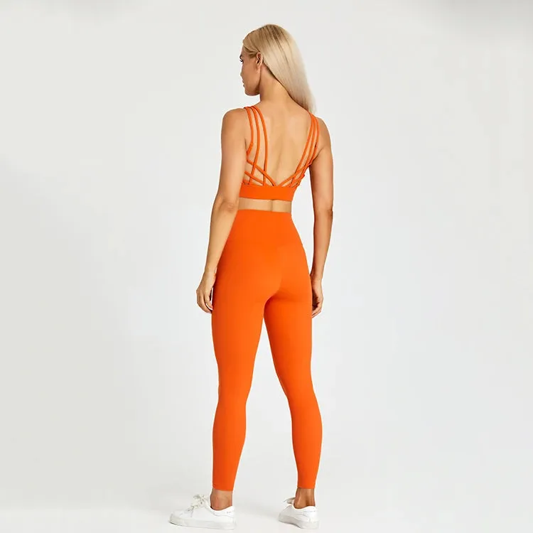 High Waist Yoga Leggings and Strappy Sports Bra Set for Women - 2 Piece Sport Suit