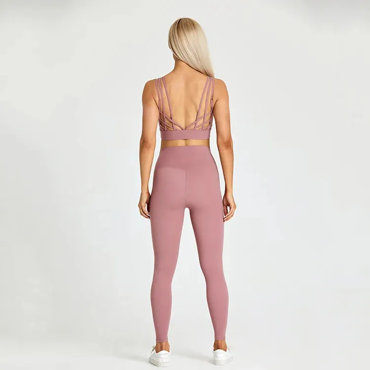 High Waist Yoga Leggings and Strappy Sports Bra Set for Women - 2 Piece Sport Suit