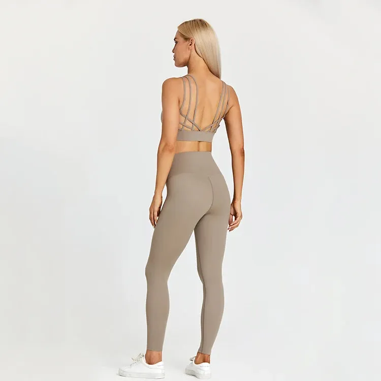 High Waist Yoga Leggings and Strappy Sports Bra Set for Women - 2 Piece Sport Suit