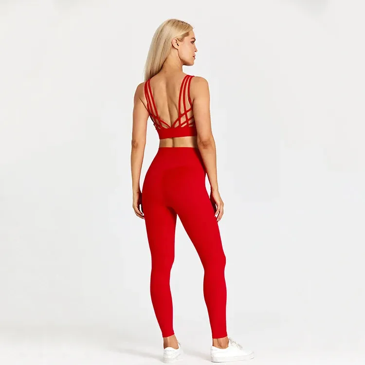 High Waist Yoga Leggings and Strappy Sports Bra Set for Women - 2 Piece Sport Suit