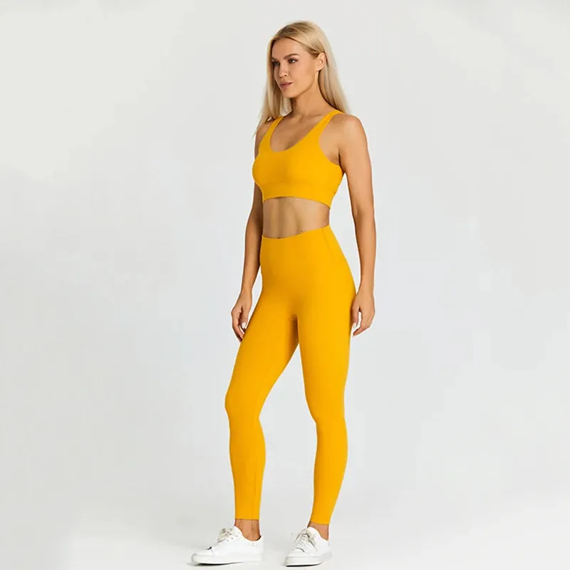 High Waist Yoga Leggings and Strappy Sports Bra Set for Women - 2 Piece Sport Suit