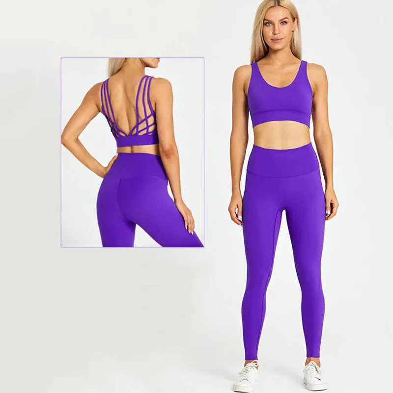 High Waist Yoga Leggings and Strappy Sports Bra Set for Women - 2 Piece Sport Suit