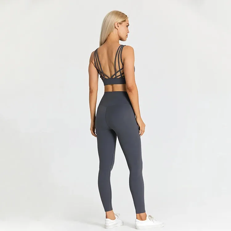 High Waist Yoga Leggings and Strappy Sports Bra Set for Women - 2 Piece Sport Suit