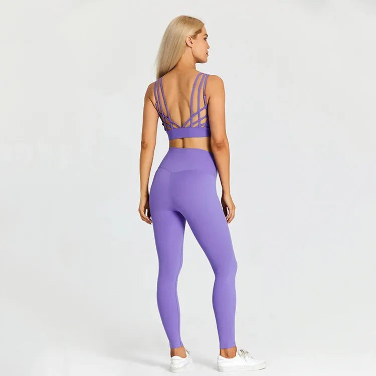 High Waist Yoga Leggings and Strappy Sports Bra Set for Women - 2 Piece Sport Suit