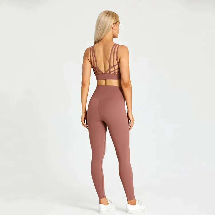 High Waist Yoga Leggings and Strappy Sports Bra Set for Women - 2 Piece Sport Suit