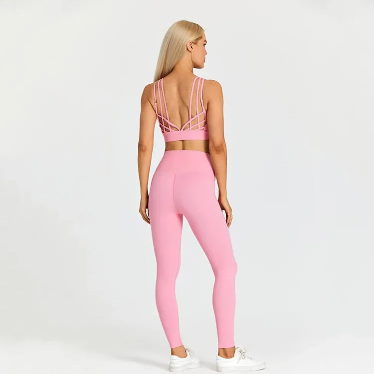 High Waist Yoga Leggings and Strappy Sports Bra Set for Women - 2 Piece Sport Suit