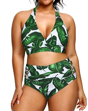 High Waisted Slimming Two Piece Bikini Swimsuits For Women-Green Leaf