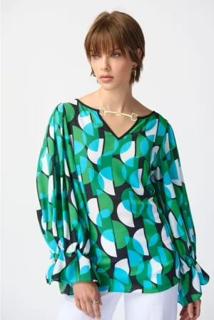 Joseph Ribkoff Black/Multi Retro Geometric Print Puff Sleeve Top 241116