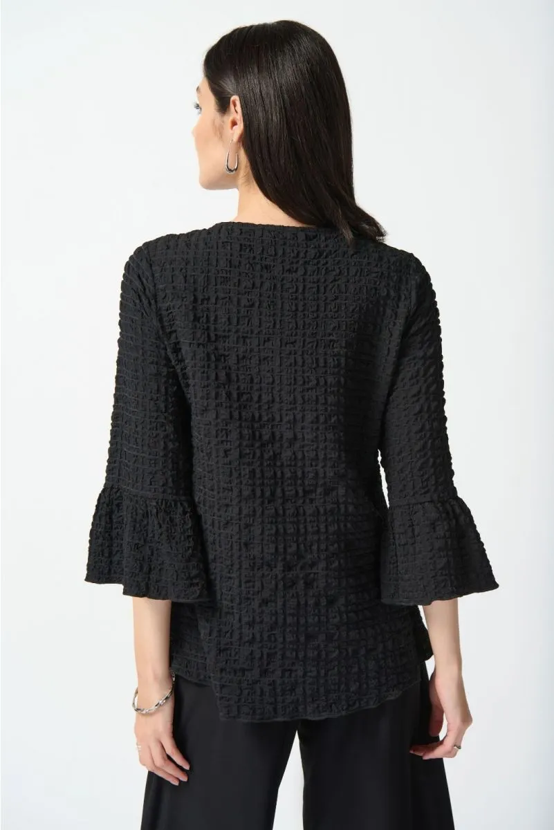 Joseph Ribkoff Black/White Two-Tone Color Block Crinkled Bell Sleeve Top 242178