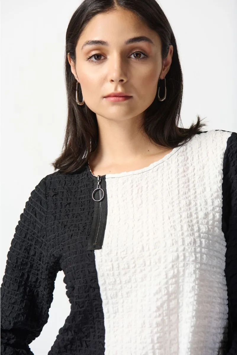Joseph Ribkoff Black/White Two-Tone Color Block Crinkled Bell Sleeve Top 242178