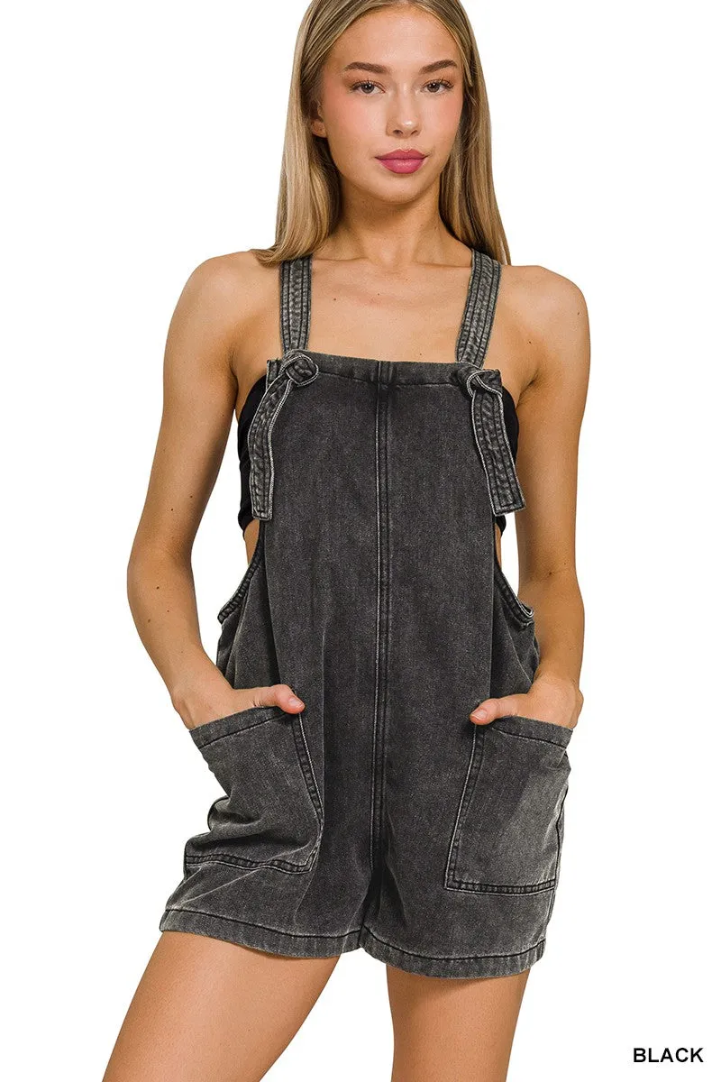 Josie Washed Knot Strap Romper-black