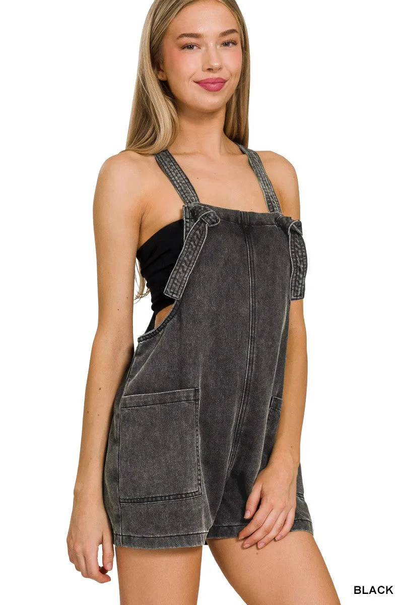 Josie Washed Knot Strap Romper-black