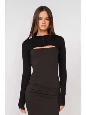 Knit Long Sleeve Crop Cardigan Sweater - Black -