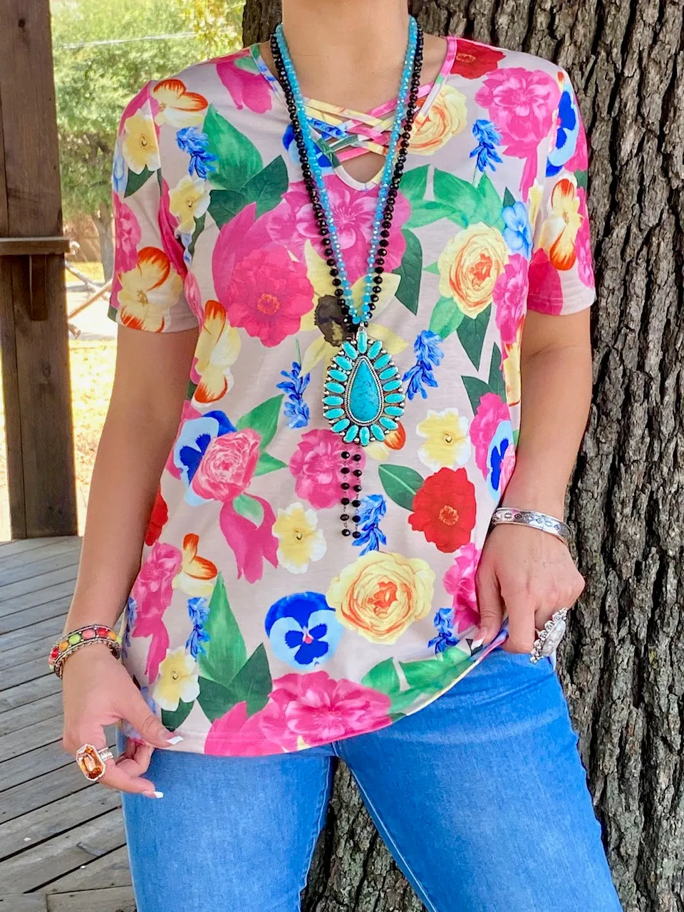 L, XL, 2X, 3X Floral & Tan Top with criss cross neck