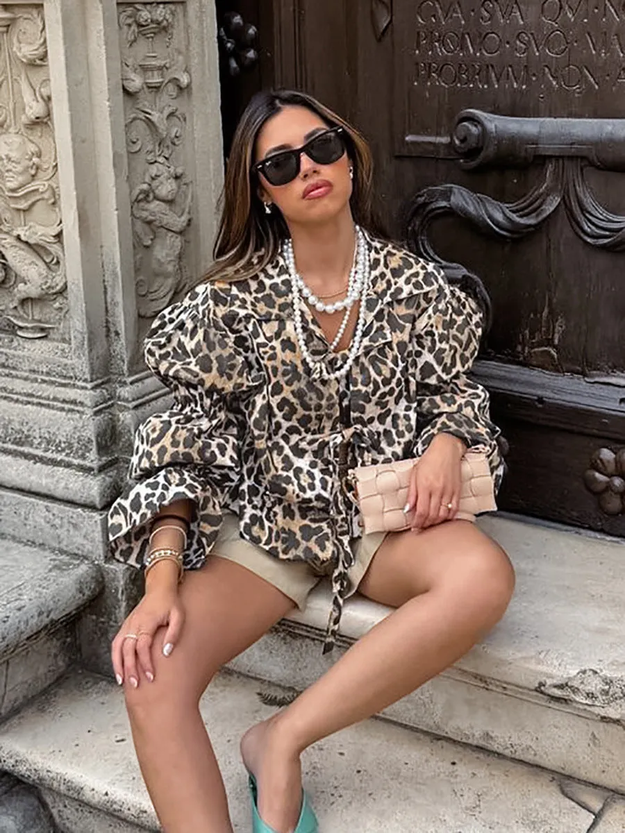 Leopard Print Shirt With Tie-Up Neck Bow