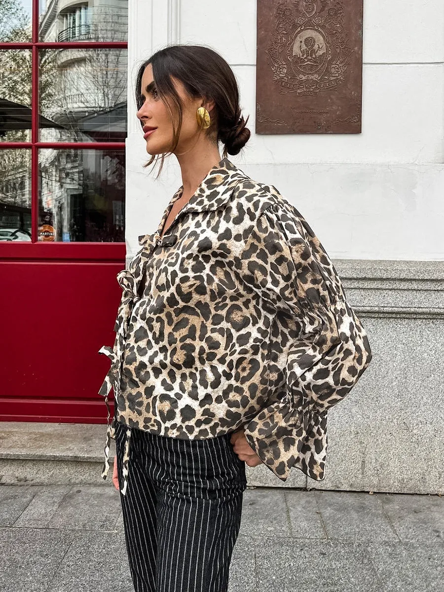Leopard Print Shirt With Tie-Up Neck Bow