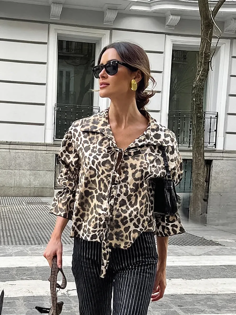 Leopard Print Shirt With Tie-Up Neck Bow