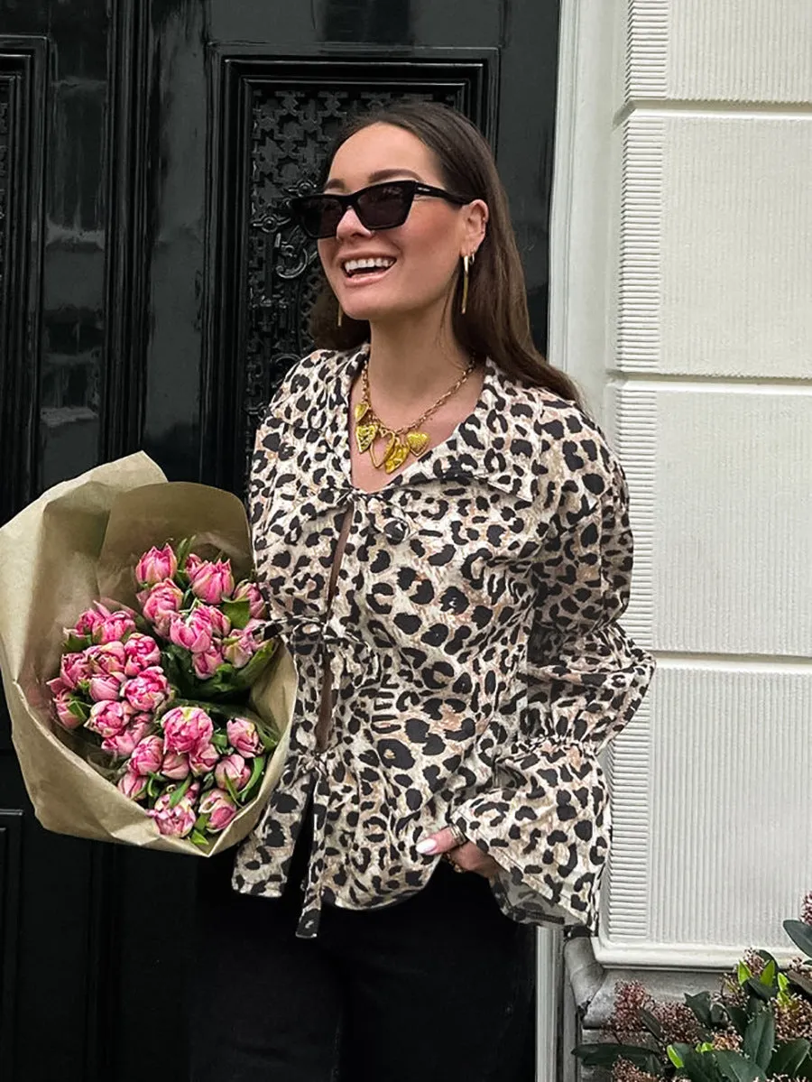 Leopard Print Shirt With Tie-Up Neck Bow